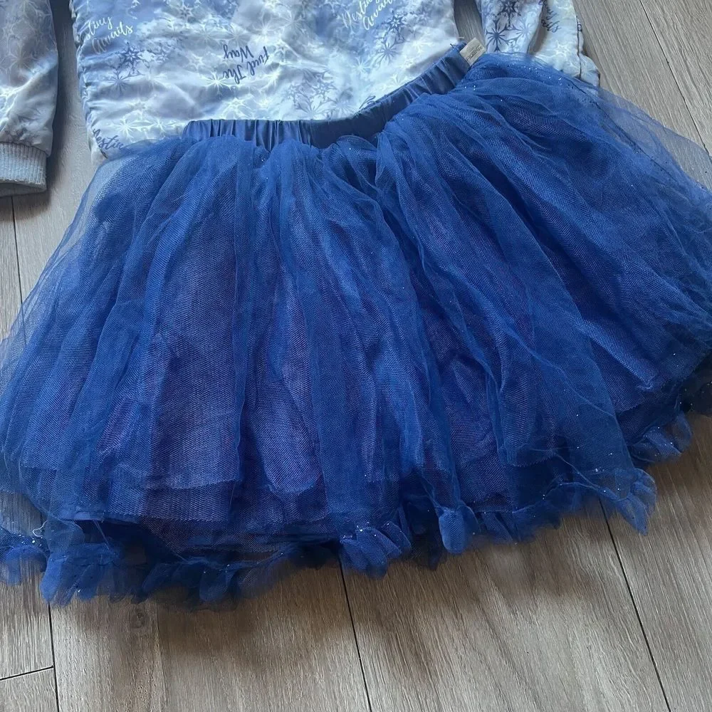 Disney Frozen Outfit Set Blue‎ Coat Jacket + Tutu Skirt Silver Glitter 5-6T